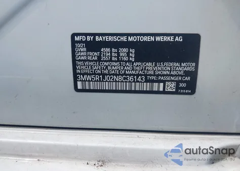 2022 BMW 330I из США, поврежденный, VIN 3MW5R1J02N8C36143